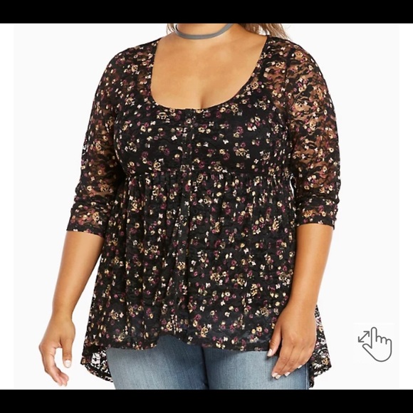 Torrid Floral Lace Button Front Babydoll Top. Plus size 3 - Picture 1 of 5